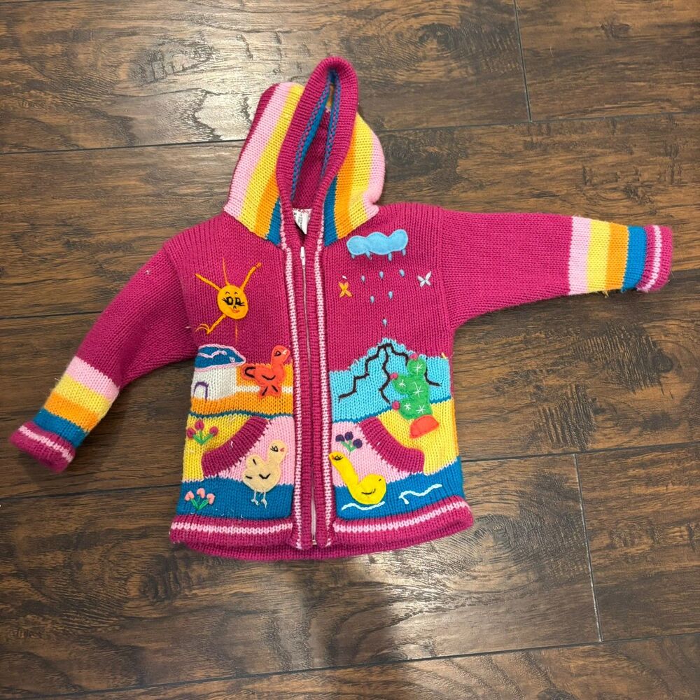 Gaupo size 2 Made in Peru Knitted Nature Bird Scene Colorful Bright Sweater